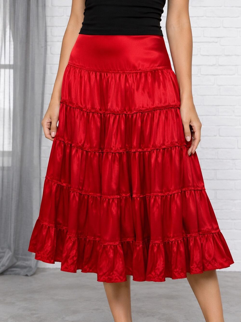 Vintage Lillie Rubin 100% Silk Tiered Ruffle Midi Skirt Red Size 4 Lined
